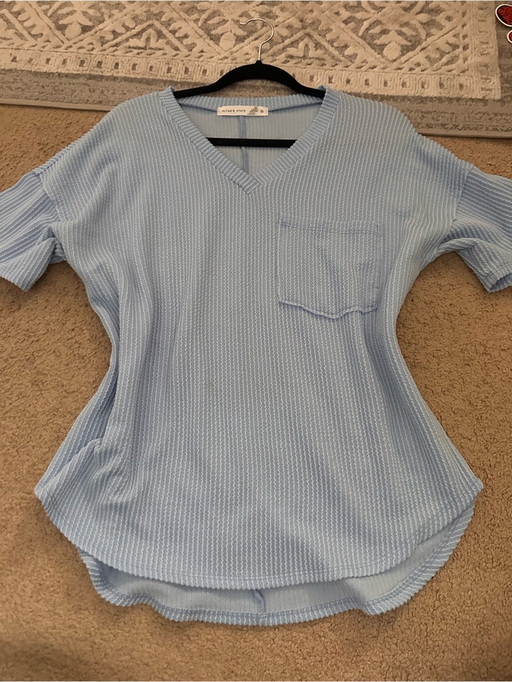 Altar'd State Light Blue V-Neck Waffle Pocket Tee